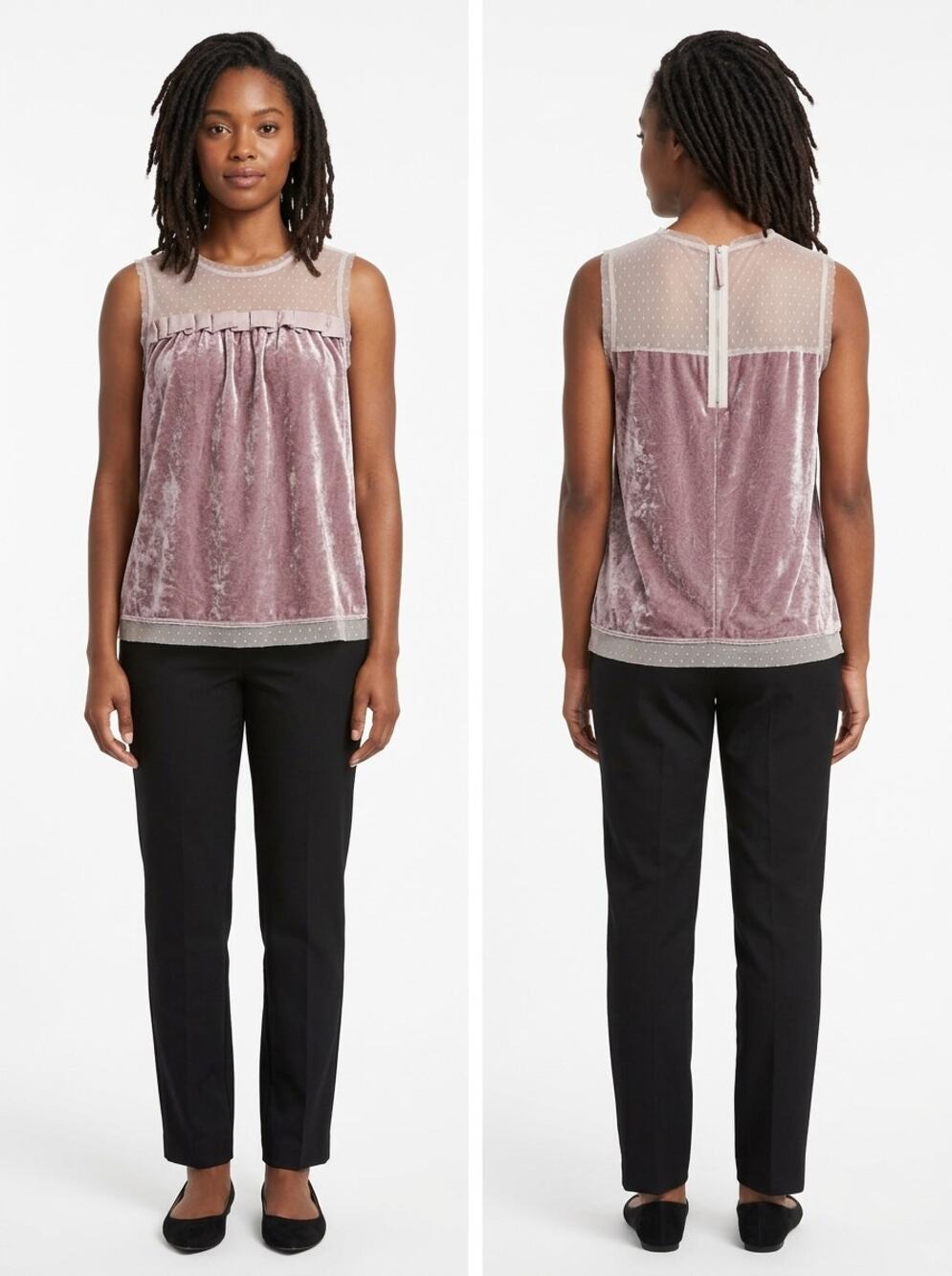 Loft Pink Ruffle Crew Neck Velvet Sleeveless Blouse Women Size S